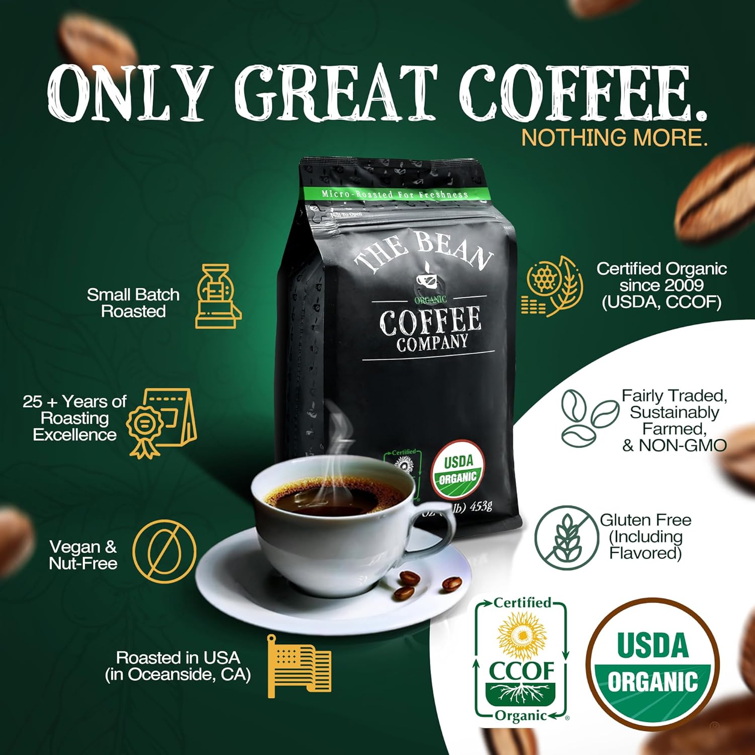 The Bean Organic Coffee Company Chocolate Macadamia Nut, Medium Roast, Ground Coffee, 16-Ounce Bag, Café molido tostado orgánico