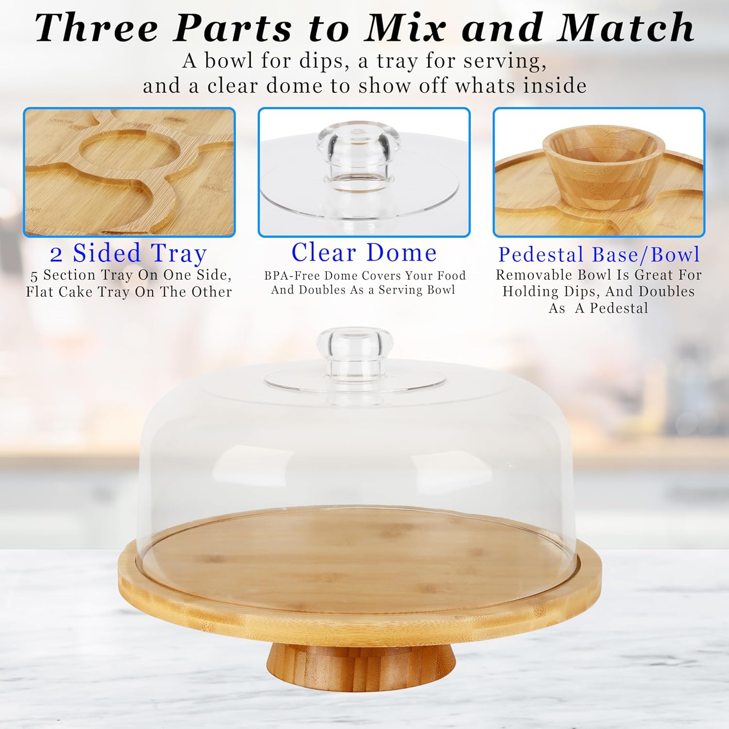 6 in 1 Large Bamboo Wood Cake Stand with Lid - Multiuse Wooden Cake Stand with Dome Acrylic Cake Cover/Cake Dome - Cake Holder With Lid - Acrylic Cake Stand Dome & Bamboo Base Punch Bowl - Cake Stands