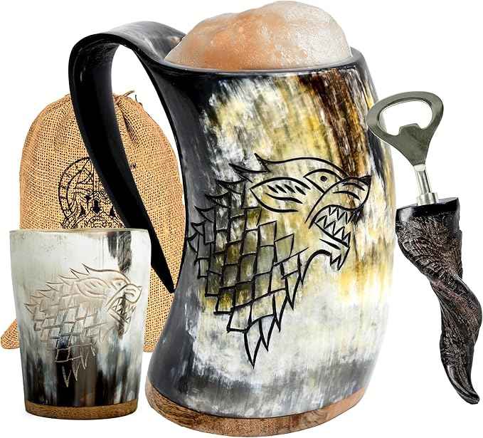 Viking OX Horn Mug,16–20oz (Roaring Fenrir) Ox Horn Cup & Coffee Stein | Stylish & Handmade Present for Men and Women, Home Accessories | Shot Glasses for Mead, Ale, Whisky and Beer Cup…