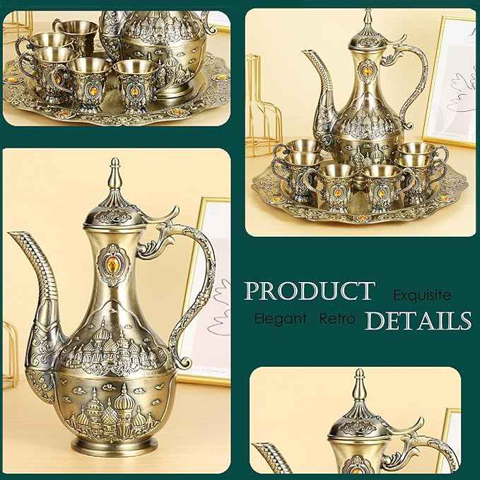 Vintage Turkish Coffee Pot Set for 6 Including Tray and Teapot,Metal Cups,Teapot and Cup Set for One,Tea Service Set for Home Tea Table Decor,Wedding Ornaments(Brass)