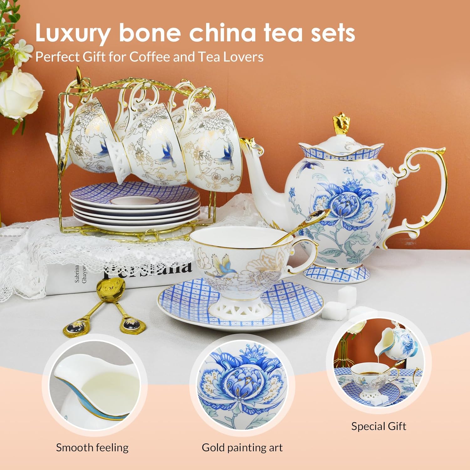ACMLIFE Tea Set for Adults- Fine China Tea Set for 6, 21-Piece Vintage Coffee Set English Porcelain Tea Pot Sets for Adult Tea Party for Women Gift (blue, Extra Large set 21)