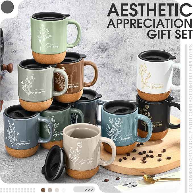 10 Pcs Employee Appreciation Gift Bulk Non-slip Cork Bottom Coffee Mug 13.5 oz Ceramic Tumbler Inspirational Mug Thank You Gifts for Social Worker Teacher Volunteer Nurse Staff(Awesome)