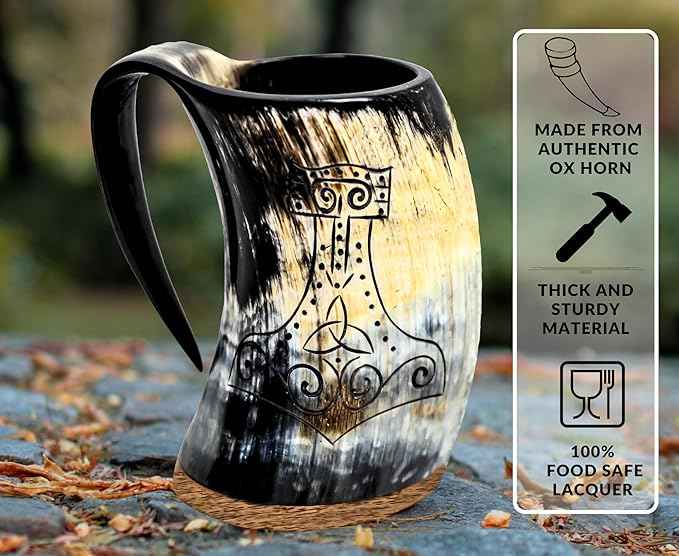 Viking Drinking Horn Mjolnir Engraving Mug,16-20oz | The Ultimate Vikings Ox horn Mug for Cold Drinks - 100% food safe comes with gift bag (Worthy Mjolnir - Polished)