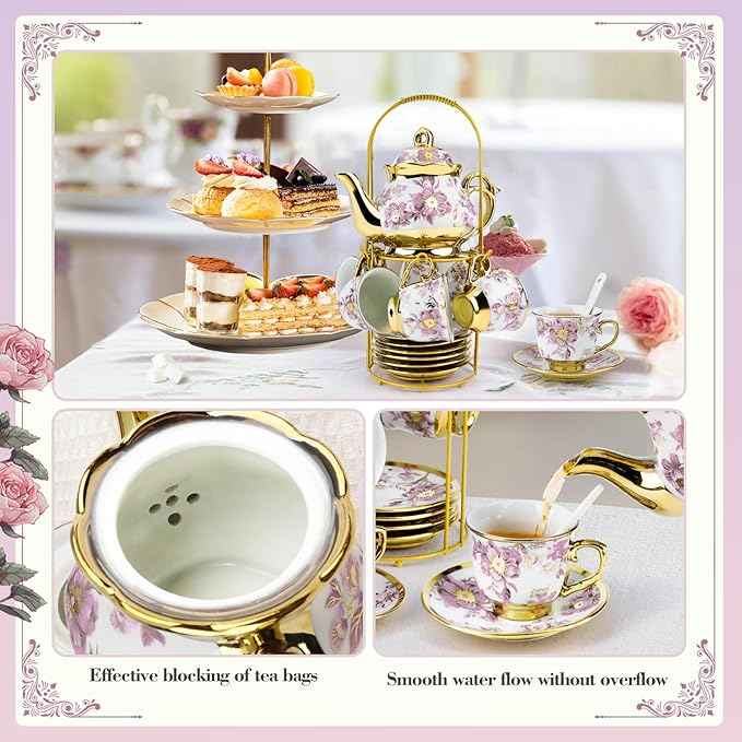 20 Pcs Porcelain Tea Set with Metal Holder, 700ml/23oz European Ceramic Tea Set for Adults, Adult Tea Set Gift, Flower Tea Cup Saucer Set for Party With Gold Flower Painting (Elegant Purple/700ml)