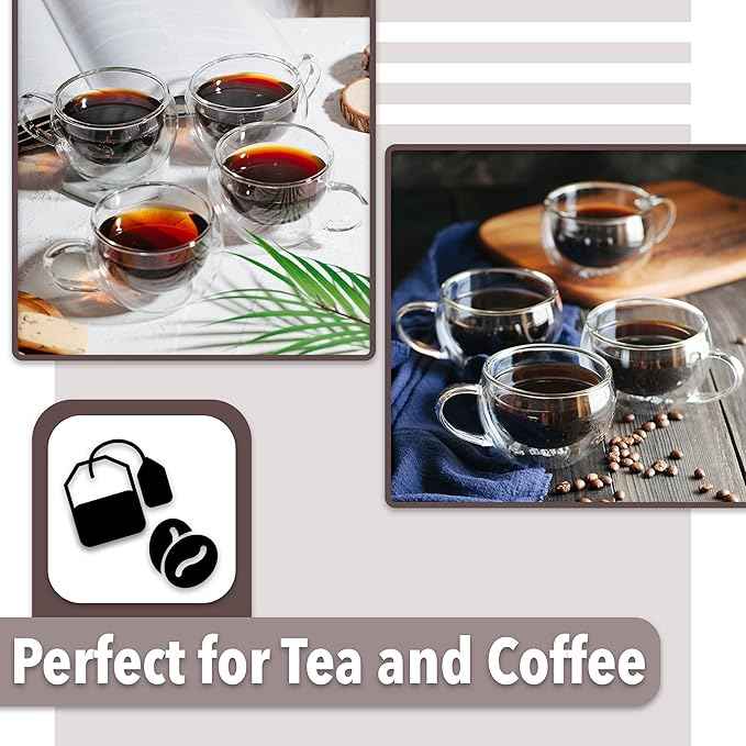 BTaT- Double Walled Espresso Cups, 6 oz, Set of 4, Clear Coffee Mugs, Double Wall Insulated Espresso Cups, Small Coffee Mugs for Tea, Lattes, Macchiatos, Hot & Cold Beverages, Microwave Safe