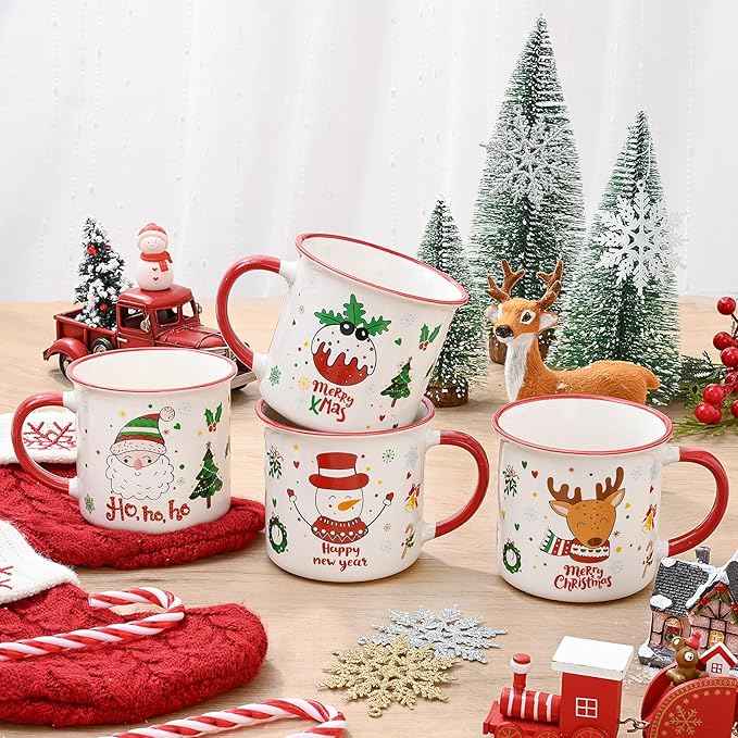 YHRJWN Christmas Mugs Set of 4, Festive Design Coffee Mugs with Santa Snowman Reindeer, Holiday Mugs for Hot Cocoa, Gifts for Family Friends, Holiday Decor, 13 Oz
