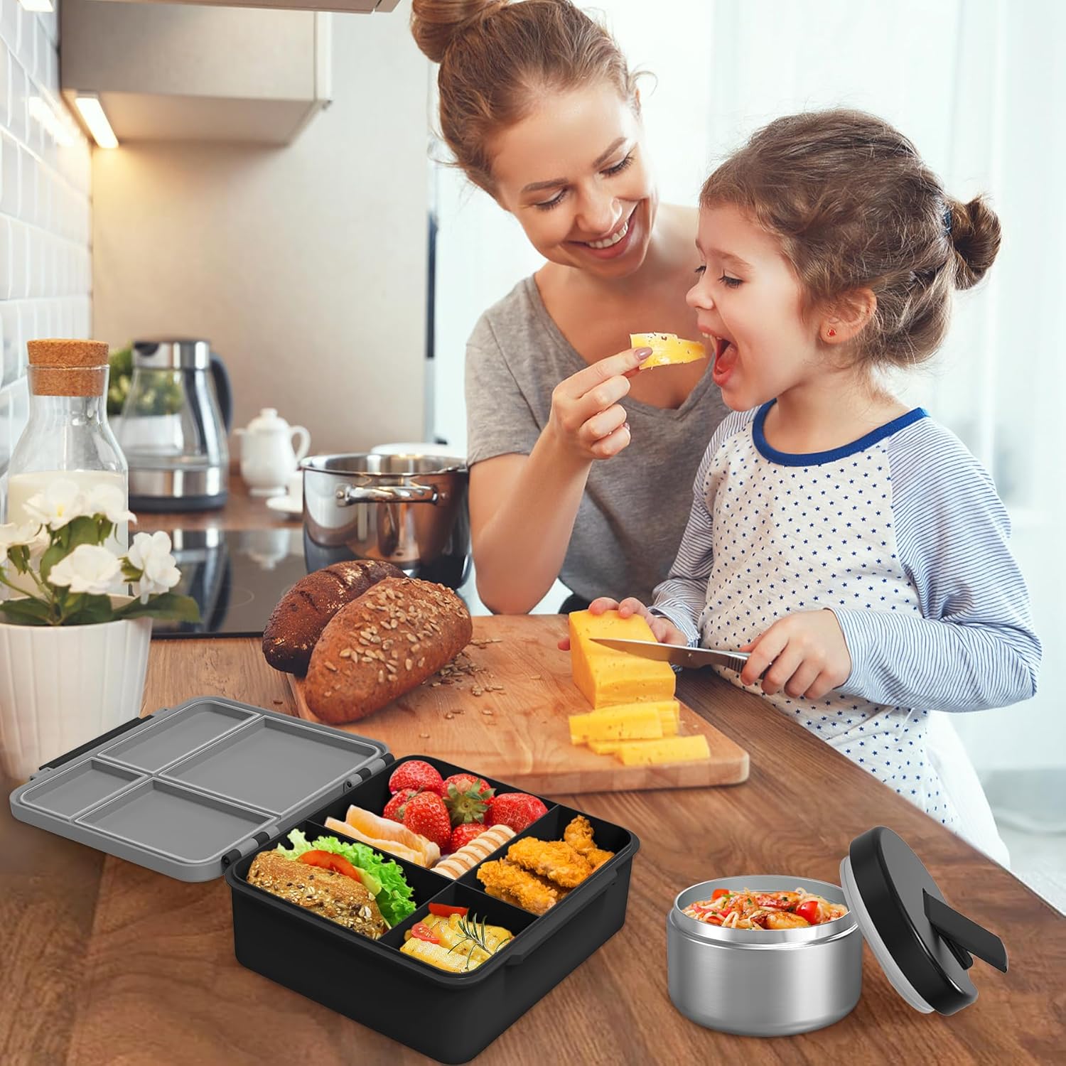 Bento Lunch Box with 8oz Soup Thermo, Kids Leakproof Lunch Food Containers with 4 Compartment, Kids Thermo Insulated Hot Food Jar for School, Trvael (Grey) - Blissbrew