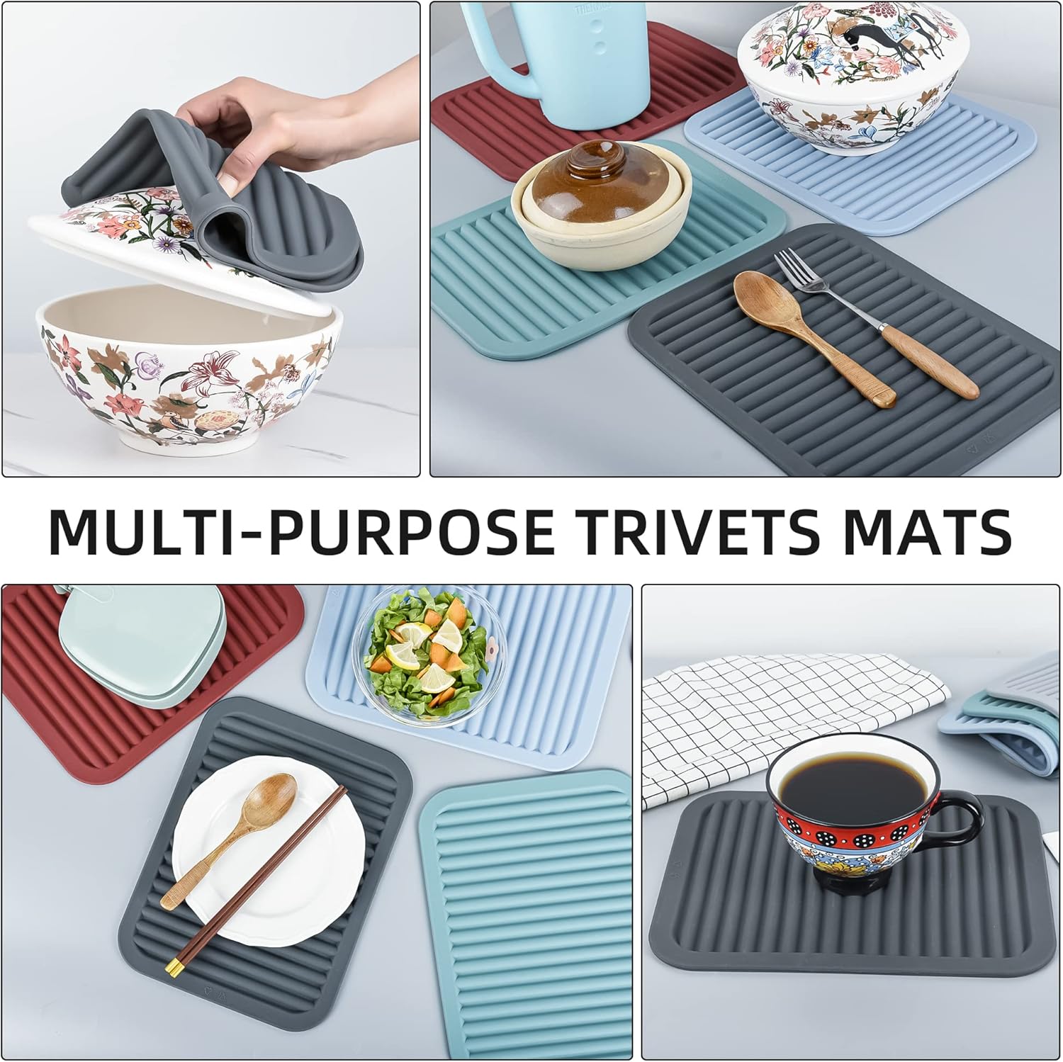 Silicone Trivets for Hot Dishes, Pots & Pans, Hot Pads for Kitchen, Trivets for Quartz Countertops, Hot Pads Silicone Mats for Kitchen Counter,Pot Holders Trivet Mat Set 2, Dark Grey