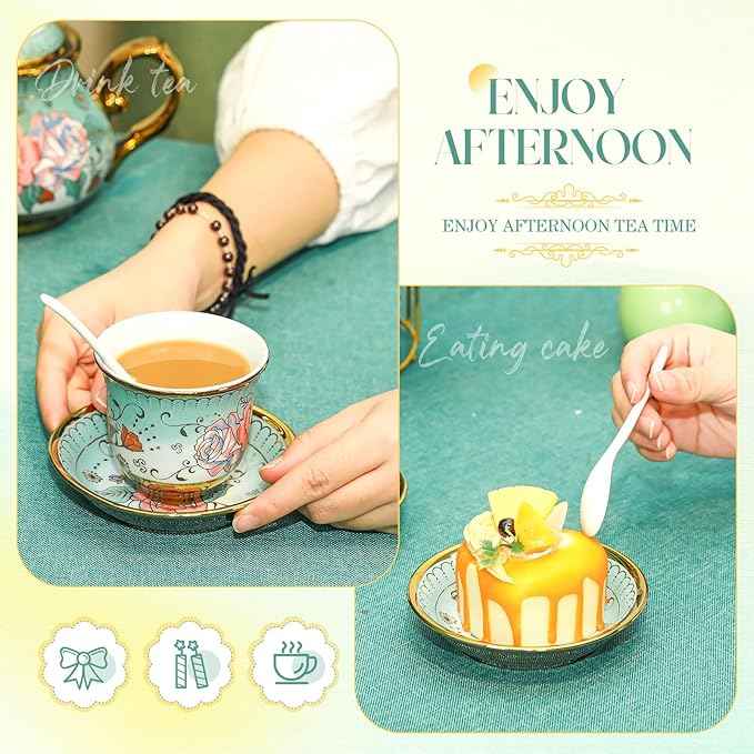 20 Pcs Porcelain Tea Set for Adults with Metal Holder and Spoon European Ceramic Tea Party Set Flower Painting Teapot Cup Saucer for Christmas Women Gifts, Serving 6 People(Modern)