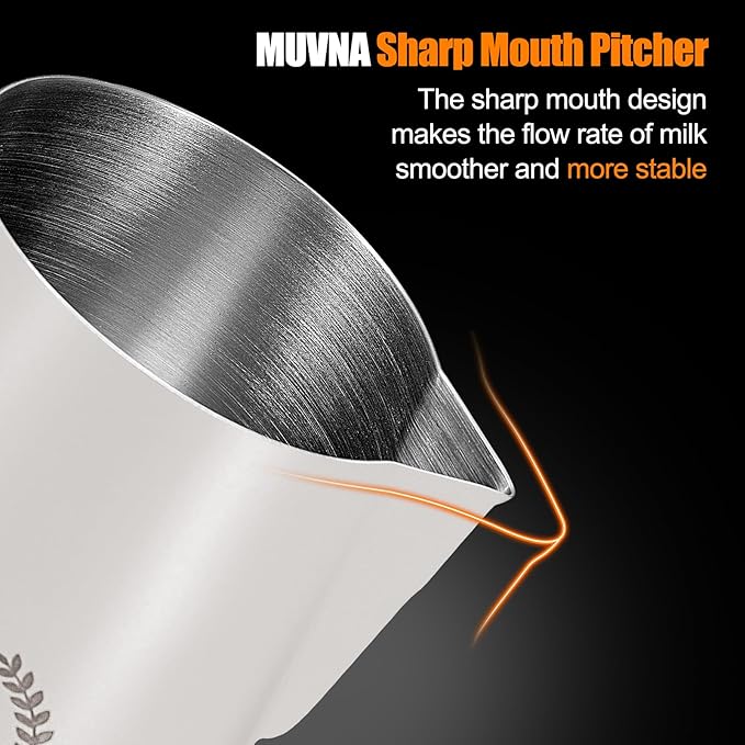 Milk Frothing Pitcher 450ml/15oz Stainless Steel Espresso Steaming Jug with Sharp Spout and Wide Thick Handle for Latte Art (White)