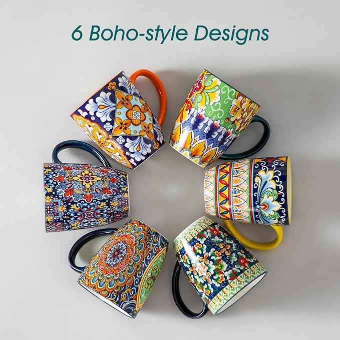 vancasso 12 oz Coffee Mugs Set of 6, Ceramic Mug with Handle, Boho Coffee Cups for Latte, Cappuccino & Hot Chocolate, Dishwasher & Microwave Safe Gift Set, Series SIMI