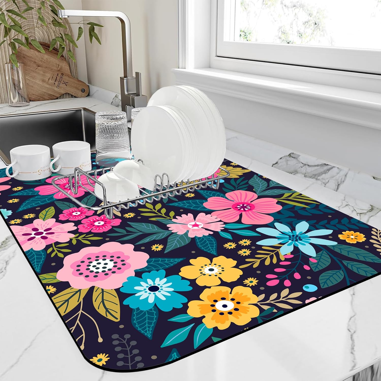 Dish Drying Mat Bright Colorful Flowers Leaves Coffee Mat,16"X24" Bsorbent Dish Drying Pad for Sink Dishes or Under Rack Kitchen Counter Accessories Absorbent Hide Backed Drying Mat