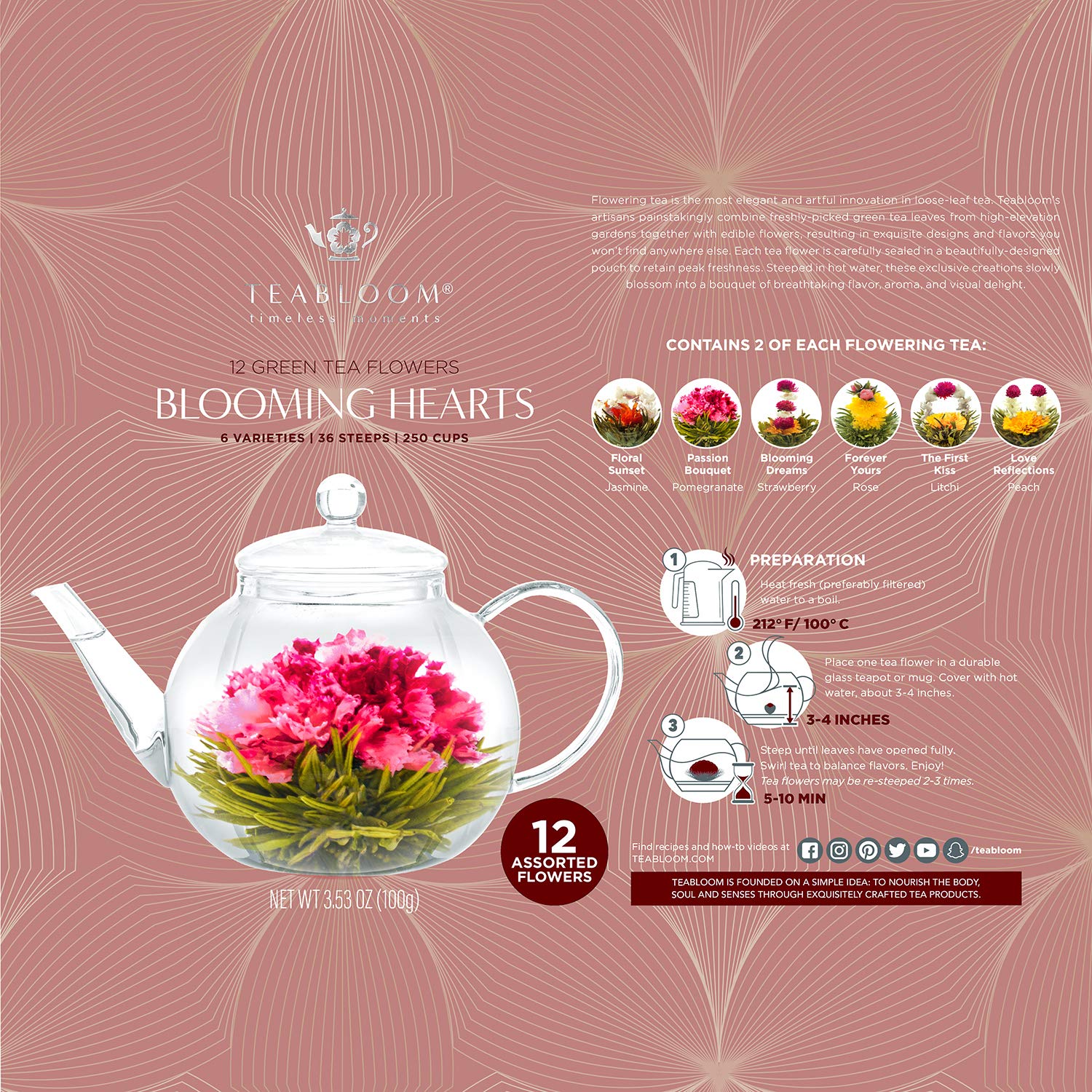 Teabloom Heart-Shaped Flowering Teas – 12 Assorted Blooming Tea Flowers – Green Tea + Jasmine, Pomegranate, Strawberry, Rose, Litchi & Peach