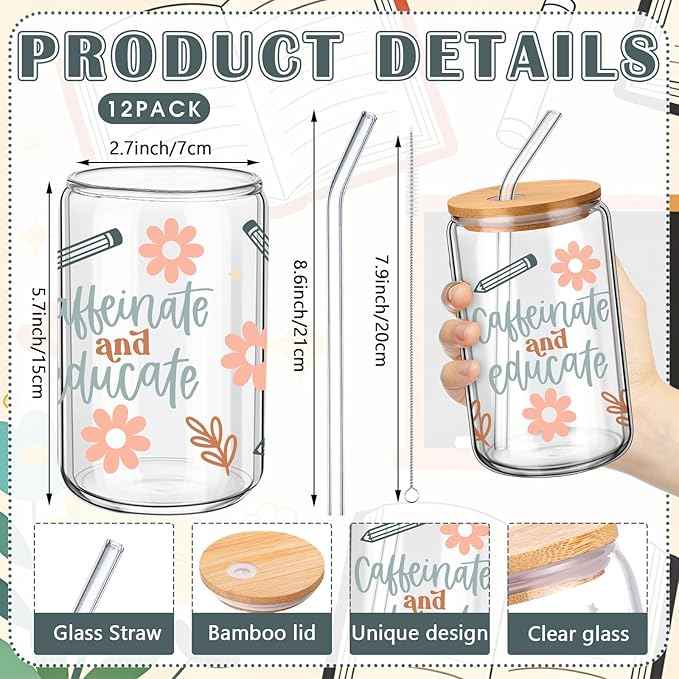12 Sets Teacher Appreciate Gifts Bulk 2026 Teacher Glass Cups with Lids and Straws 16 oz Iced Coffee Cups Cute Glass Tumbler Thank You Graduation Gift for Women Employee Birthday Back to School