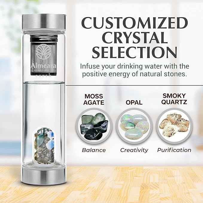 Almeara Crystal Water Bottle with Authentic Moss Agate, Opal Stones & Smoky Quartz Removable Gemstones, Loose Leaf Tea Infuser - Relaxation, Healing & Spiritual Gifts for Women - Witchcraft Supplies