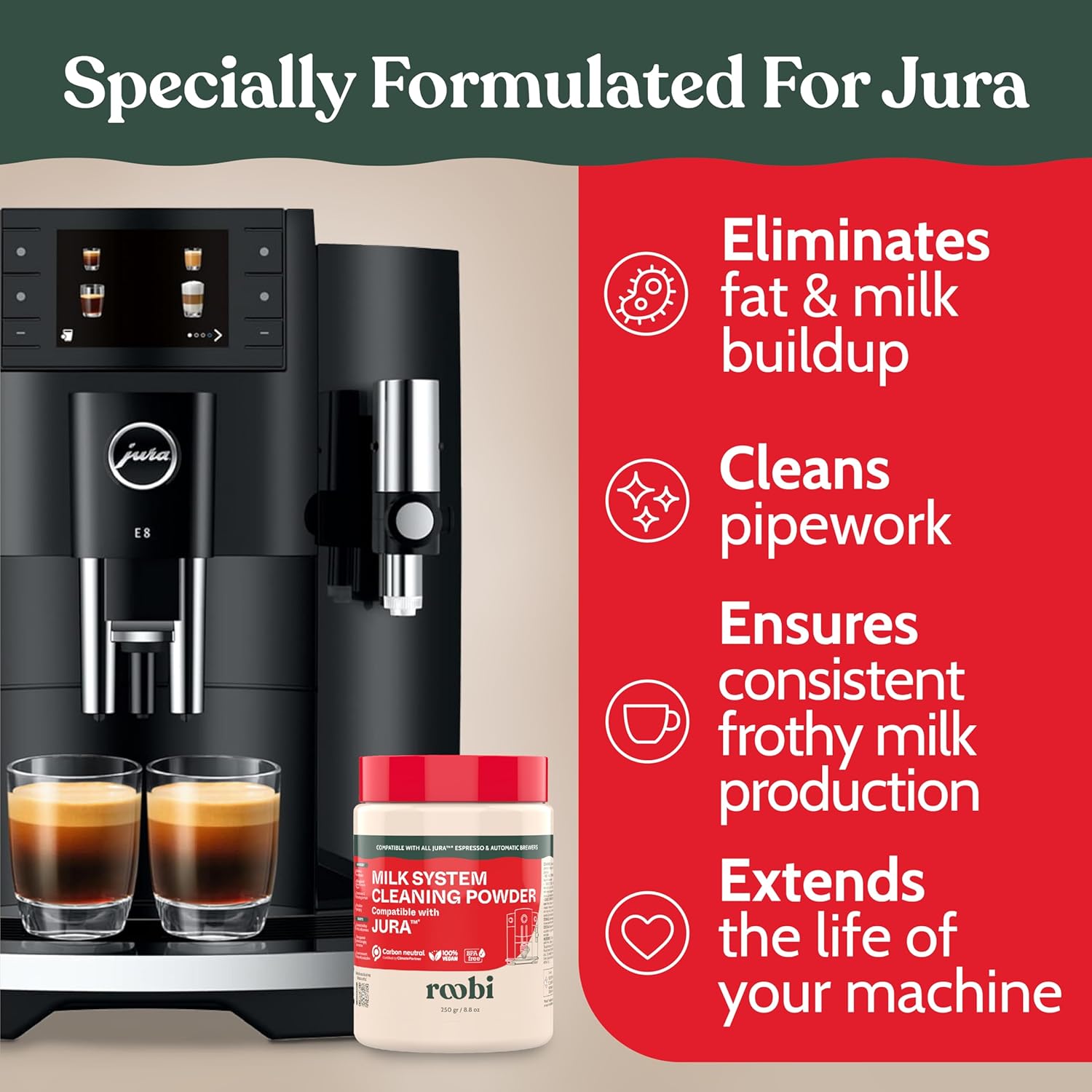 Roobi Compatible Milk System Cleaning Powder for Jura. Specially formulated for Jura Automatic Espresso Coffee Machines. 100% Vegan, Carbon Neutral.