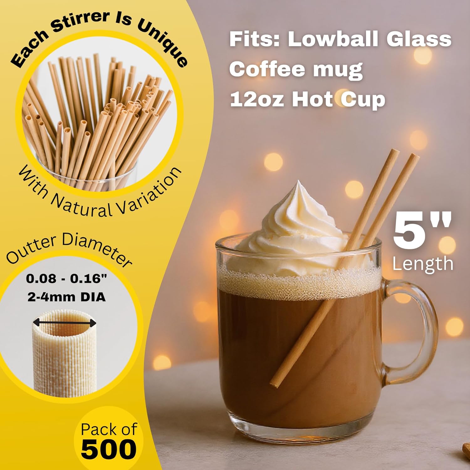 HAY! Stir, Natural coffee stir sticks, fully compostable made from wheat stems, our stir sticks are ideal for hot and cold beverages, 5’' pack of 500