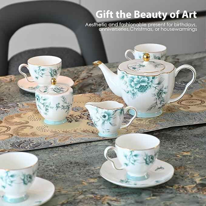 ACMLIFE Bone China Tea Sets for Adults, Blue and White Tea Gift Set, 21 Piece Porcelain, Cup and Saucer Set for 6 Vintage Floral Party for Women or Christmas Gifts Giving (Blue-Leaf-21)