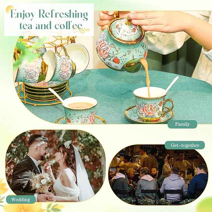 20 Pcs Porcelain Tea Set for Adults with Metal Holder and Spoon European Ceramic Tea Party Set Flower Painting Teapot Cup Saucer for Christmas Women Gifts, Serving 6 People(Modern)