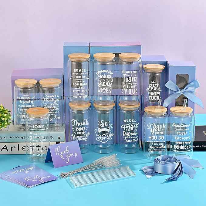 12 Set Employee Appreciation Gifts Bulk, Personalized Inspirational Thank You Gifts for Christmas Staff Coworker 16 oz Can Shaped Beer Glass Cups, Gift Box and Card for Team Women Men Teacher