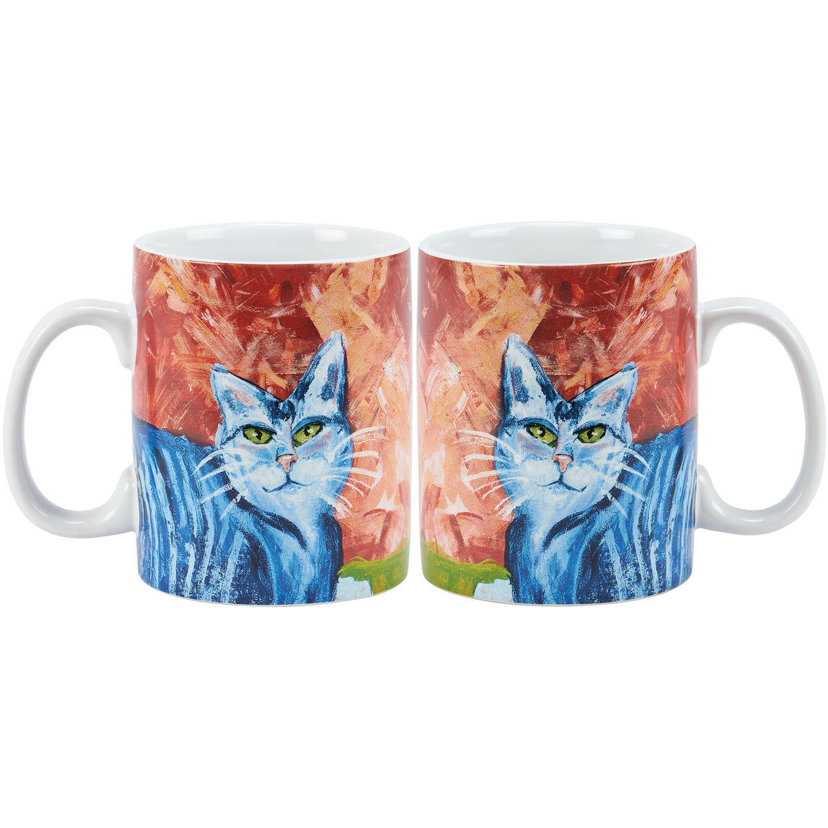 Colorful cat coffee mug, side view with handle