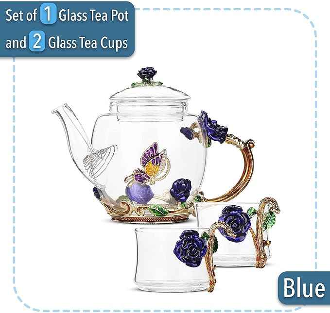 BTaT- Floral Glass Tea Set for Adults, Service for 2, Fancy Glass Pot(8 oz) & Cups(2 oz), Blue Butterfly & Flower Design with Gift Box, Tea Pot Sets for Women Gift, Chrisrmas Gifts