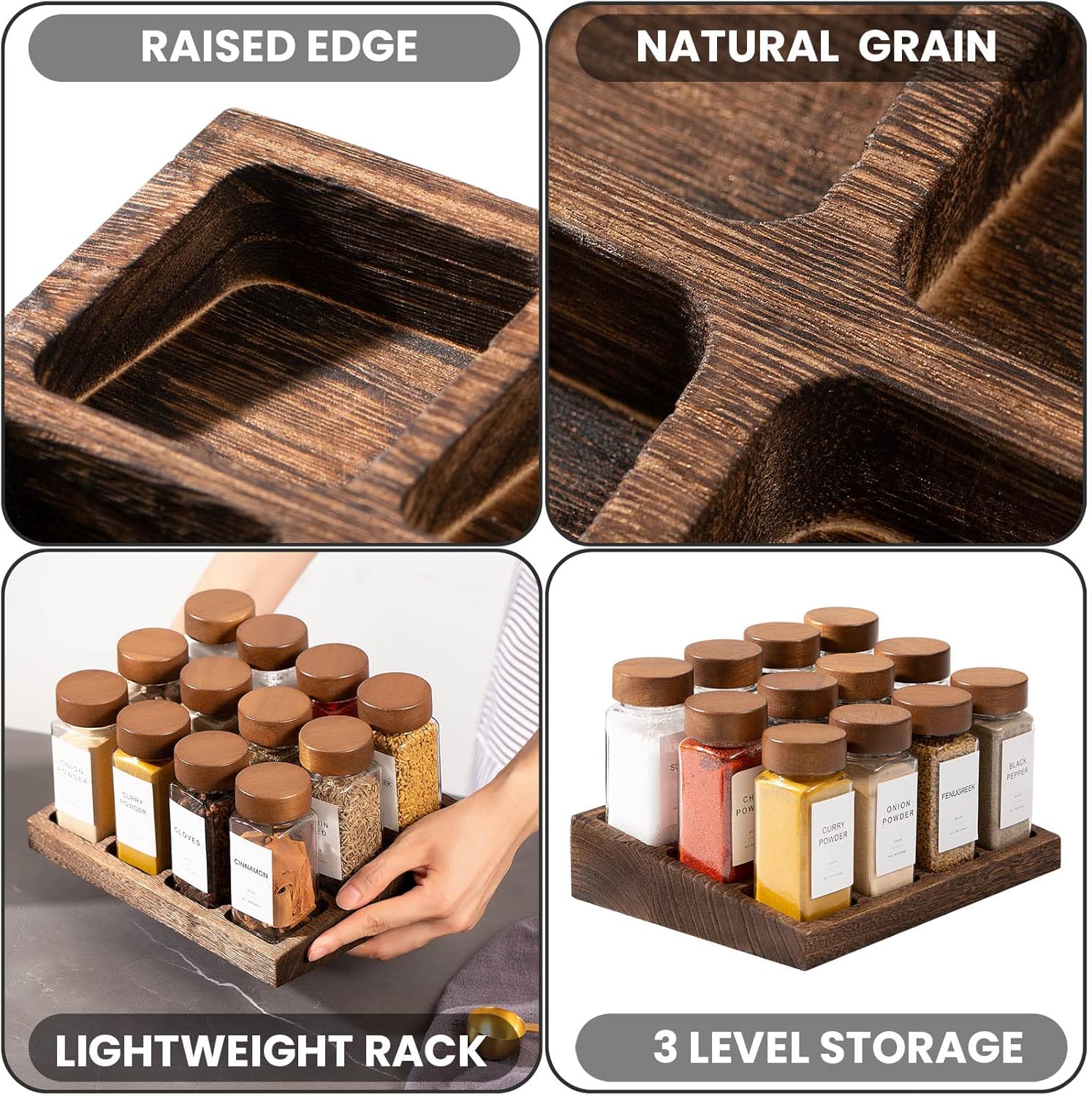 Yangbaga 24Pcs Glass Spice Jars with Labels-4oz Acacia Wood Lid Square Spice Containers and 2pcs Rack with Pepper Grinder Lids &Funnel,Seasoning Jars for Rack Cabinet Drawer