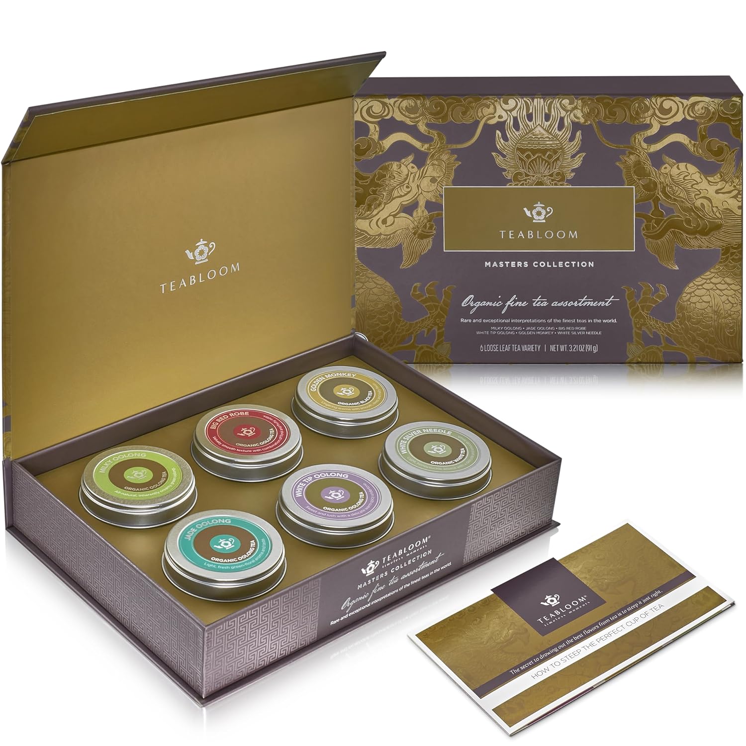 Teabloom Masters Collection - Six Rare Single-Origin Organic Loose Leaf Teas - Milky Oolong, White Silver Needle, Big Red Robe, Golden Monkey, Jade and White Tip Oolong