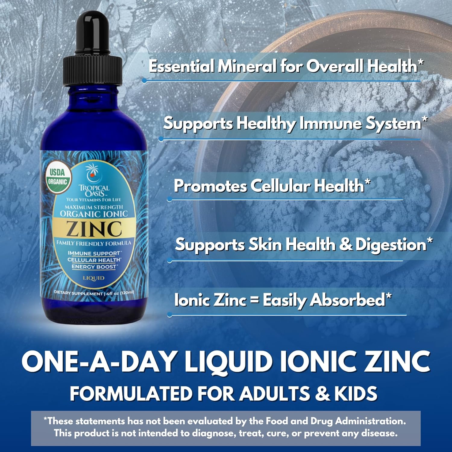 USDA Organic Ionic Zinc Droppers for Men, Women & Kids | Liquid Zinc Supplement Trace Mineral Formula | Immune Function | Skin Health | 98% Absorption | Sugar-Free, Vegan, Non-GMO | 4 Fl Oz