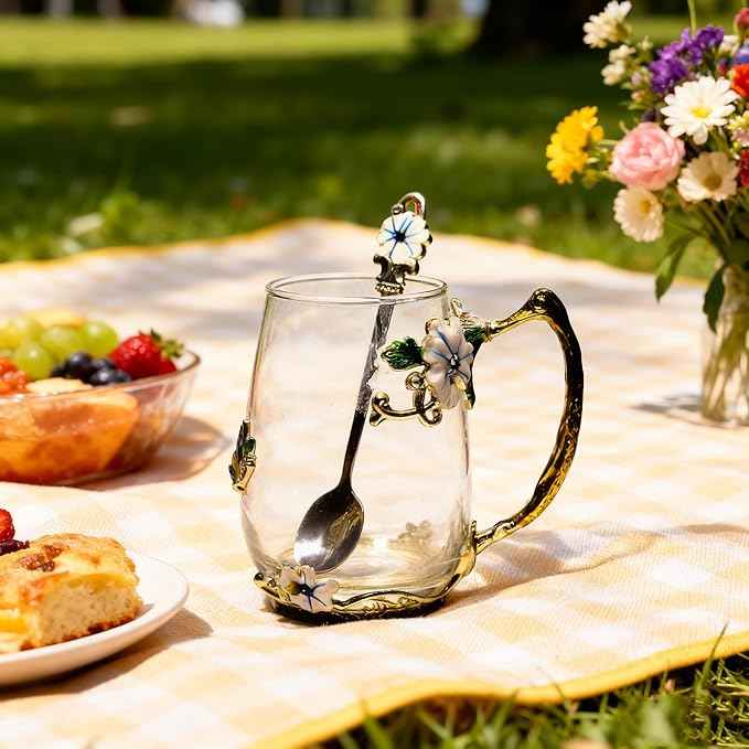Best Gifts For Women Mom Blue Glass Coffee Tea Mug Unique Birthday Christmas Gift For Women Who Have Everything, Gift For Her Tea Cup with Spoon Sets (Blue-Tal)