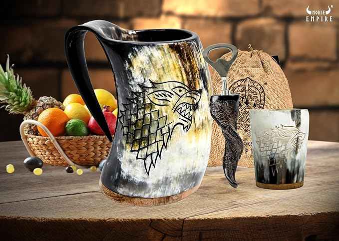 Viking OX Horn Mug,16–20oz (Roaring Fenrir) Ox Horn Cup & Coffee Stein | Stylish & Handmade Present for Men and Women, Home Accessories | Shot Glasses for Mead, Ale, Whisky and Beer Cup…