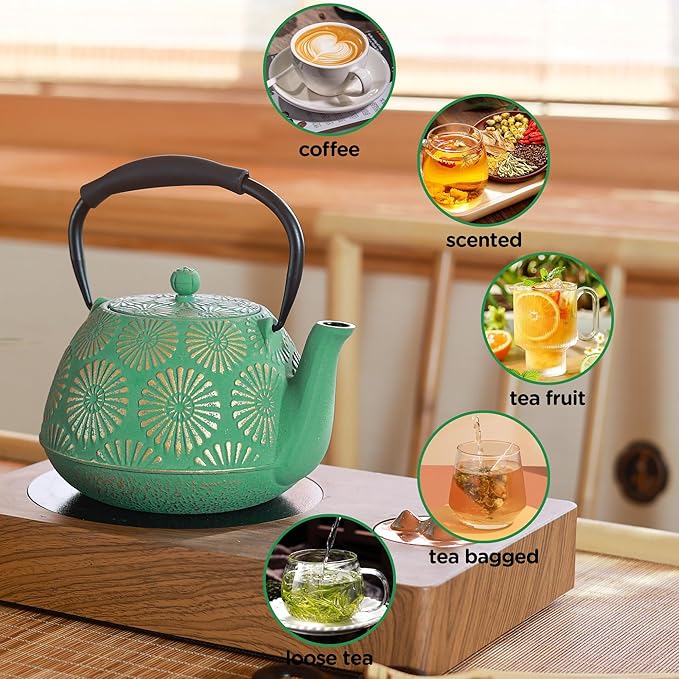 Cast Iron Teapot, 40oz Tea Kettle with Infuser for Stove Top, Sakura Design Japanese Tea Pot for Loose Leaf Coated with Enameled Interior, Silicone Handle 1200ml Green