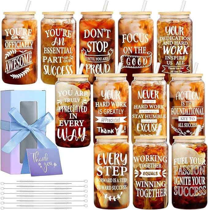 12 Pcs Employee Inspiration Glass Cups Set, OLSUNOR Personalized Inspirational Thank You Gifts for Staff Coworker 16 oz Can Shaped Beer Glass Cups, Gift Box and Card for Team Women Men Teacher Friends