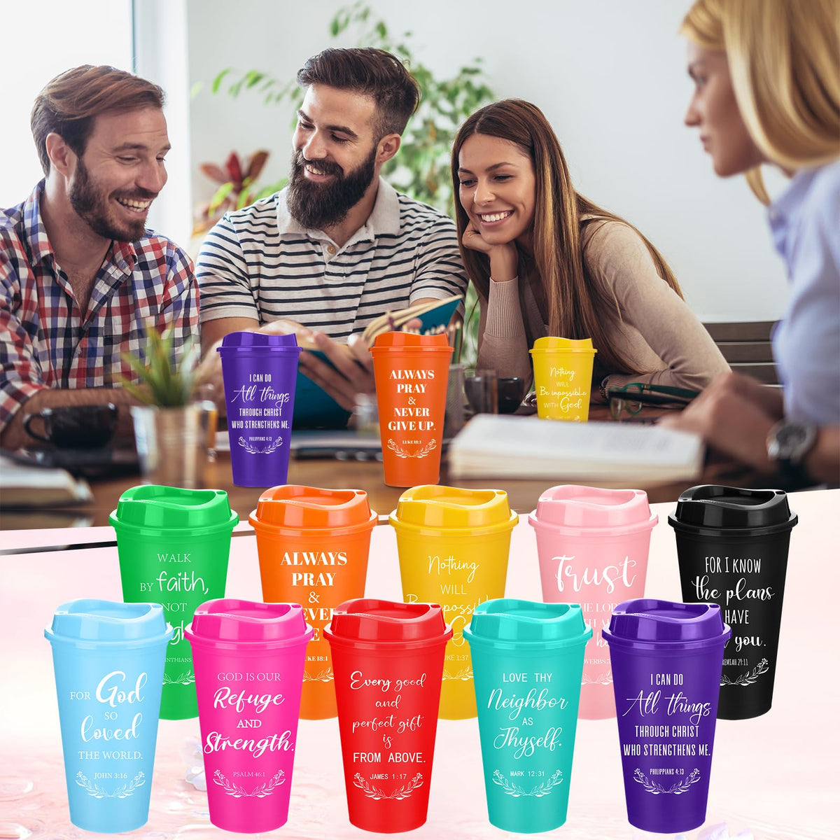 Bible verse cups shown as a bulk gift set