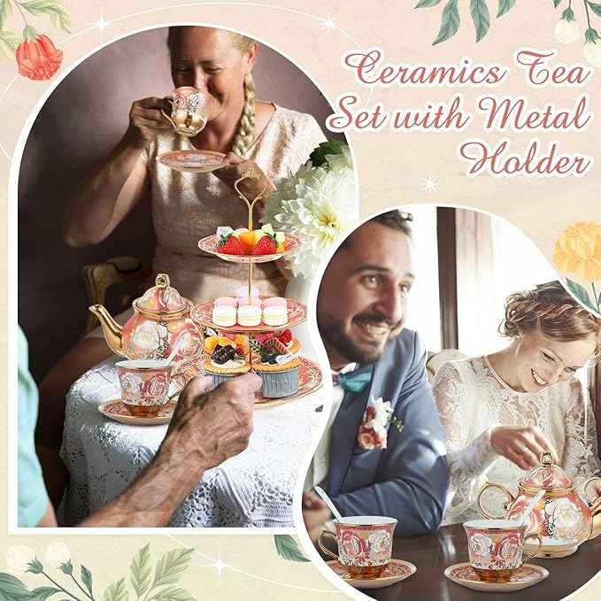 Maxcheck 21 Pcs Porcelain Tea Set for Women Tea Party with Metal Holder and 3 Tier Cake Stand Ceramic European Floral Teapot Set for Adults Mother's Day Christmas Thoughtful Gift(Romantic Style)