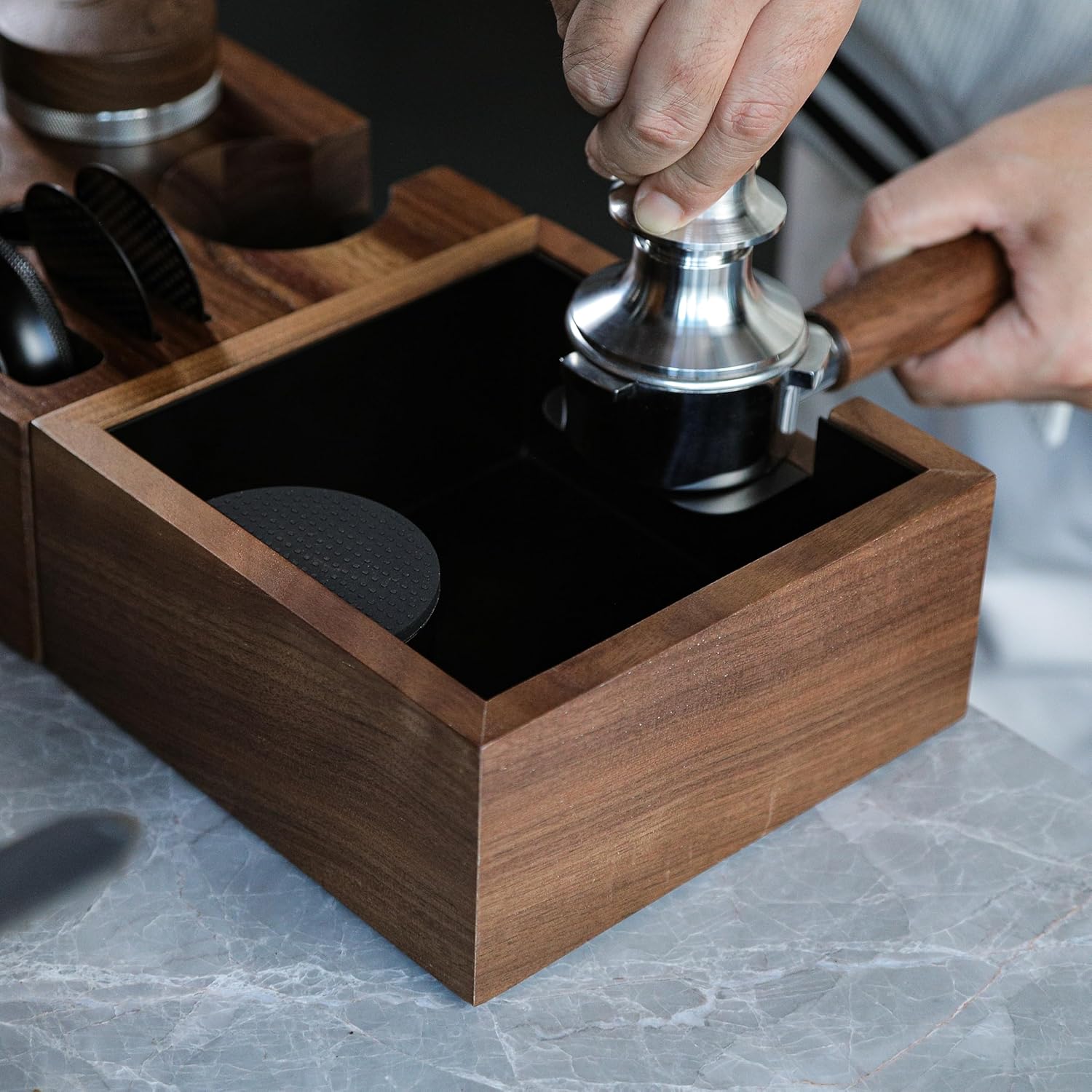 Wooden Espresso Knock Box Walnut Dump Bin for Coffee Grounds Disposal Durable, Shock-Absorbent Espresso Machine Accessories, Easy to Clean Tamping Station