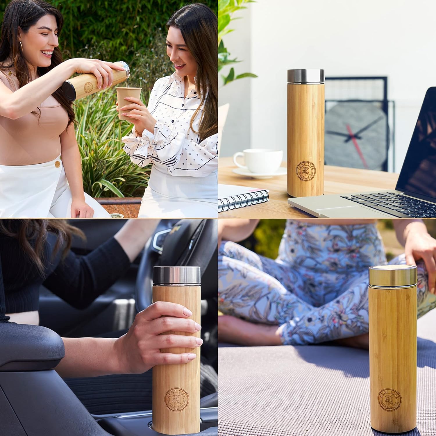 LeafLife Premium Bamboo Tea Bottle for Loose Tea - Tea Infuser Bottle - Tea Gifts - Insulated Water Bottle/Coffee Tumbler/Tea - Tea Gift Set, Tea Accessories - Tea Tumbler 22oz