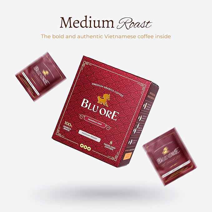 Blu Ore Premium Vietnamese Coffee - Single Serve Pour Over (8 Pack) - 100% Arabica Drip Bag Coffee, Eco-Friendly Filter, Travel Friendly, No Preservatives - (8 pack, Medium Roast)