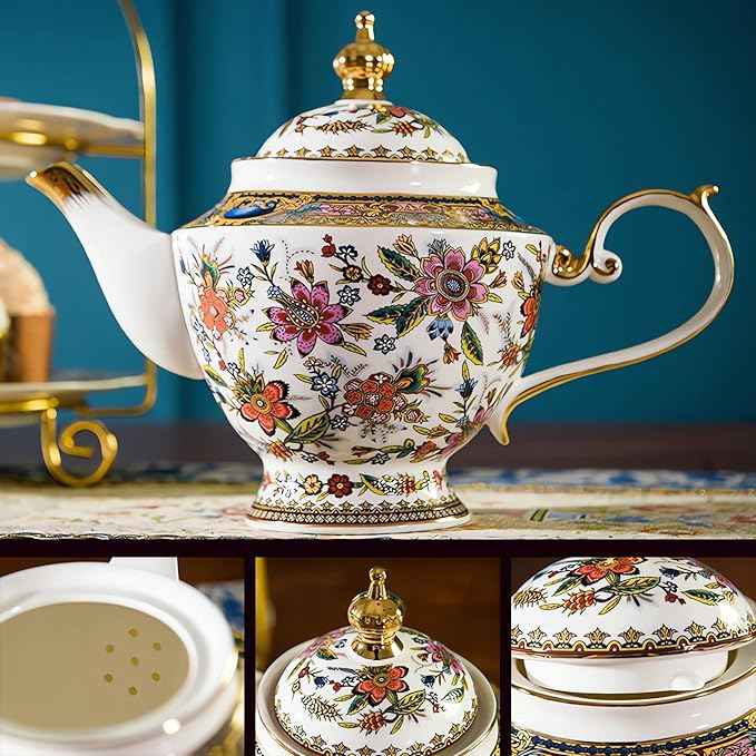 ACMLIFE Fine Bone China Tea Set, British Vintage China Set for Adults 24K Gold, Afternoon Cups and Saucers for Women Tea Party or Gift Giving (Pink and Gold)
