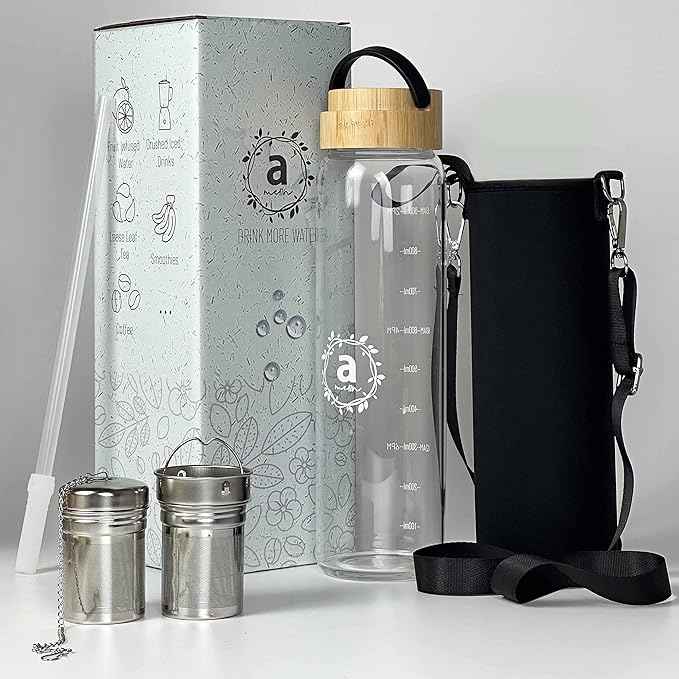 32oz Borosilicate Glass Water Bottle with Bamboo Lid and 2 Tea Infuser Sets for Fruit Infused Water and Cold Brew Coffee - Glass Tea Infuser Bottle with Strainer for Loose Leaf Tea