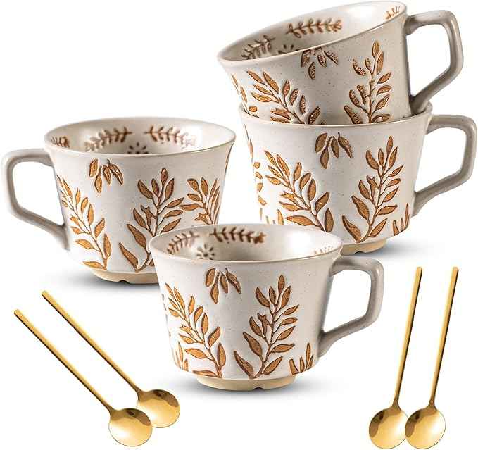 Coffee Mugs Set of 4 with Gold Spoon, 11 oz Ancient Style Hand-painted Ceramic Mug Gifts for Men Women, Unique Personality Gifts for Home Kitchen Office, Dishwasher Microwave Safe