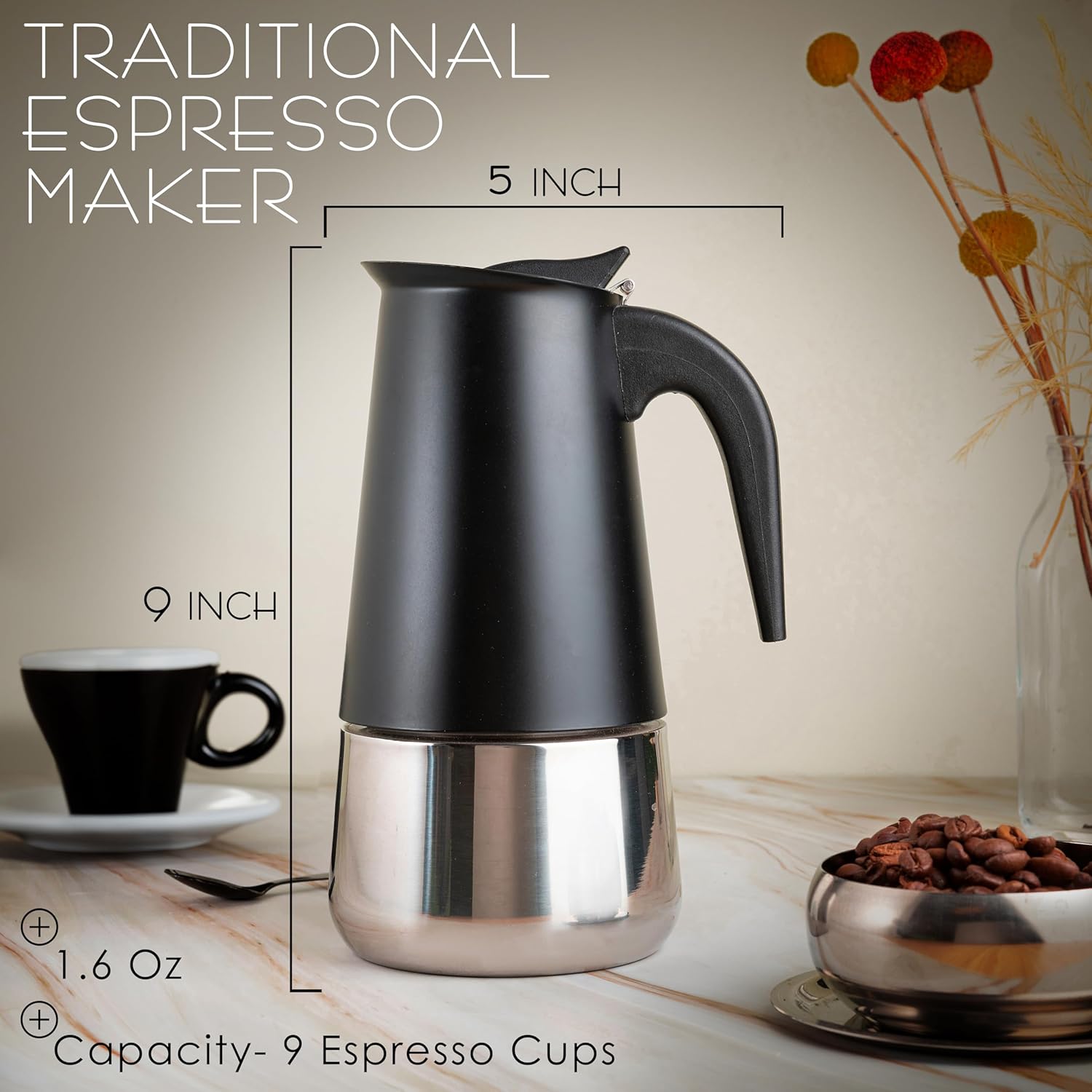 Mixpresso Black 9 Cup Greca Stovetop Espresso Pot 450ml/15oz, Moka Pot with Coffee Percolator Design, Stainless Steel Stove Top Coffee Maker for Camping or Home Use,Italian Stovetop Espresso Maker