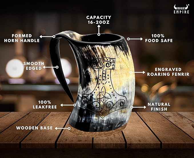 Viking Drinking Horn Mjolnir Engraving Mug,16-20oz | The Ultimate Vikings Ox horn Mug for Cold Drinks - 100% food safe comes with gift bag (Worthy Mjolnir - Polished)