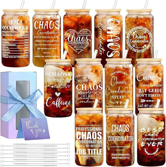 12 Set Employee Appreciation Gifts Bulk, Personalized Chaos Coordinator Gifts for Christmas Staff Coworker 16 oz Can Shaped Beer Glass Cups, Gift Box and Card for Team, Women, Men, New Year