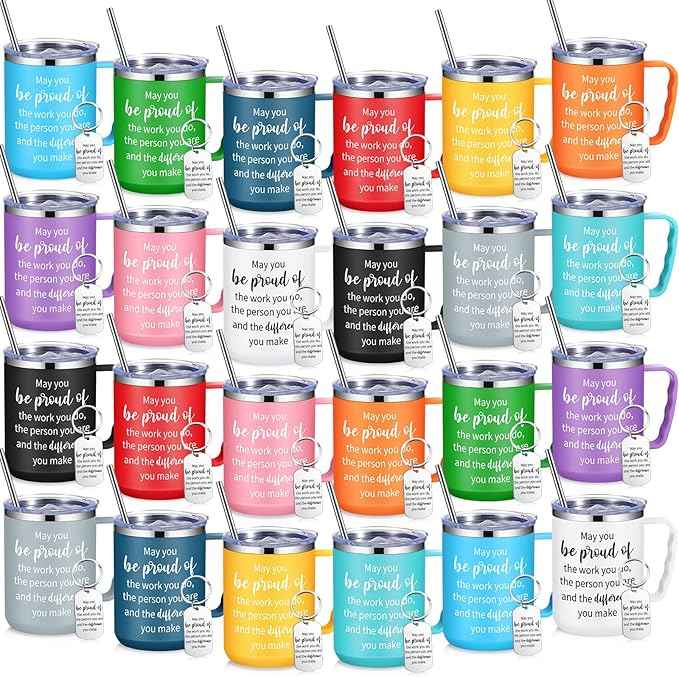 24 Sets Employee Appreciation Coffee Mug Gift 17oz Insulated Stainless Steel Tumbler with Handle and Keychains Thank You Gift for Coworkers Teacher
