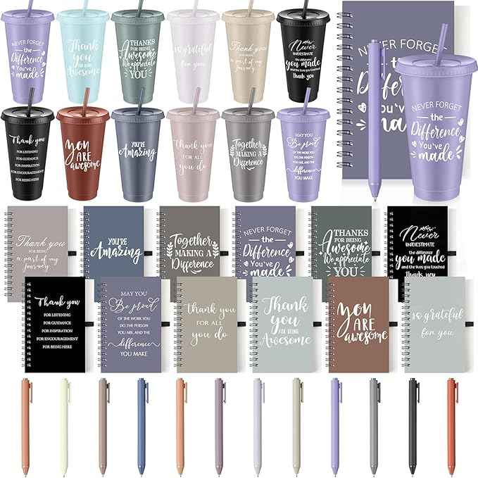 Shellwei 36 Pcs Employee Appreciation Gifts Bulk 24 oz Thank You Tumbler with Lid and Straw Mini Spiral Notebooks and Pens Appreciation Gifts for Team Employee Coworkers Teacher (Awesome)