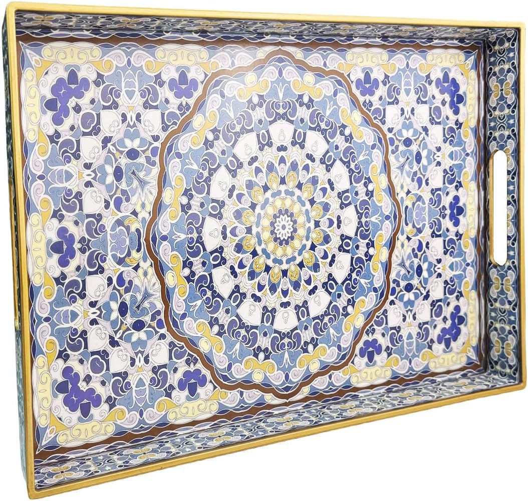 Blue Decorative Tray, Serving Tray with Handles, Plastic Large Tray for Coffee Table, Living Room, Decor, 15.7”*11.8”*1.6