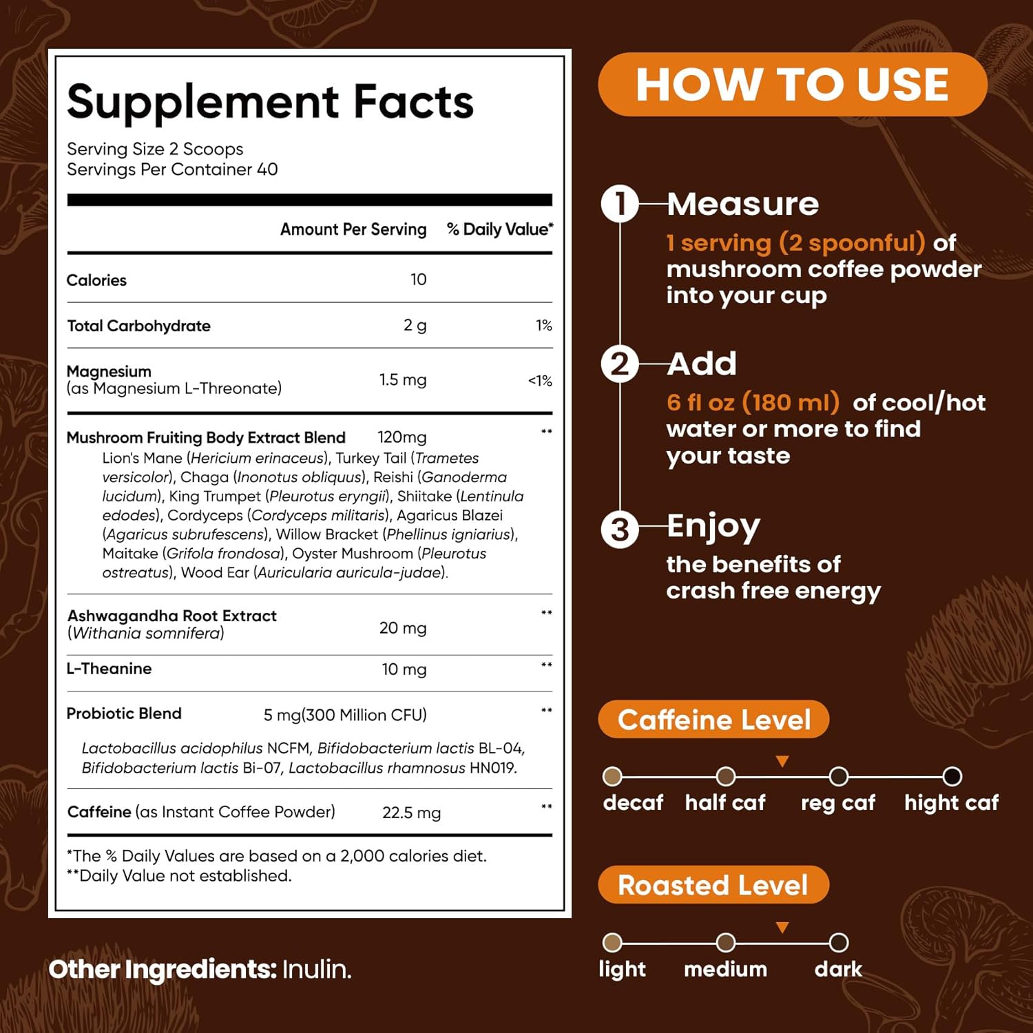 Venture Pal Mushroom Coffee with 12 Adaptogenic Functional Mushrooms with Ashwagandha, Lion's Mane, Chaga and Probiotics, 1200mg Mushrooms Instant Coffee for Focus, Digestion & Immunity - 40 Servings