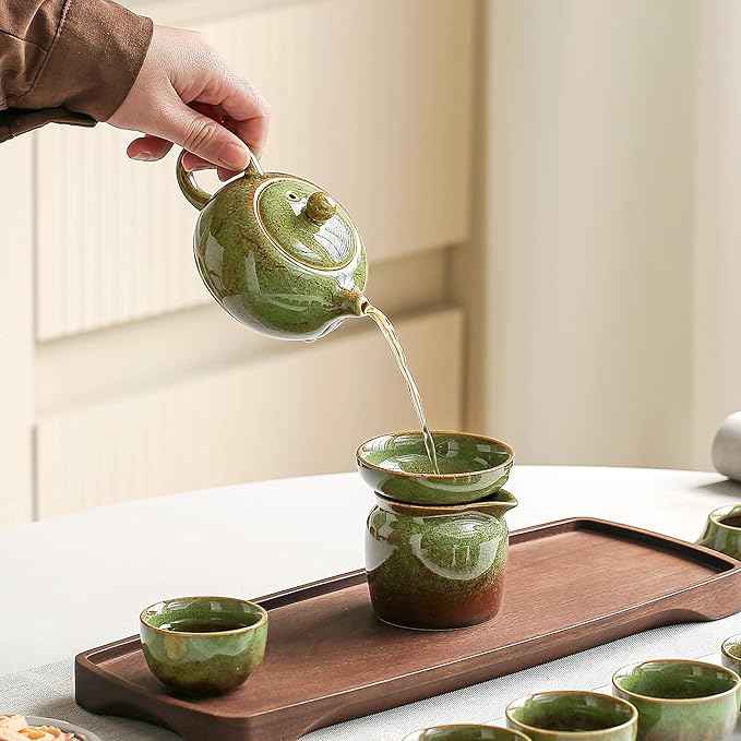 Chinese Tea Set, 10-Piece Ceramic Set with Teapot and Cups, Gongfu Tea Set,Tea Gift Sets,Outdoor and Office (Kiln-Changed Green)
