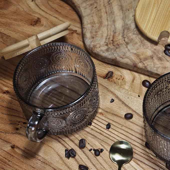 Vintage Glass Coffee Mugs, 14 Oz Set of 2 Embossed Glassware Tea Cups for Breakfast, Dessert, Cappuccino, Latte, Cereal, Yogurt, Beverage Gift